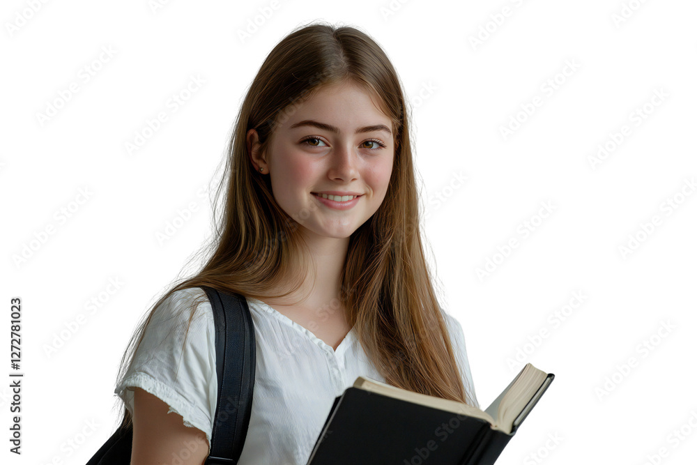 Smiling young female student holding a book, isolated on transparent background Smiling young female student holding a book, isolated on transparent background