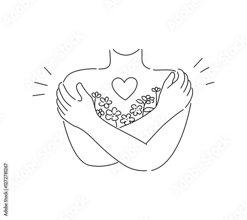 Outline of a human body part doing the self hug with heart and flowers in mental health concept, editable stroke.