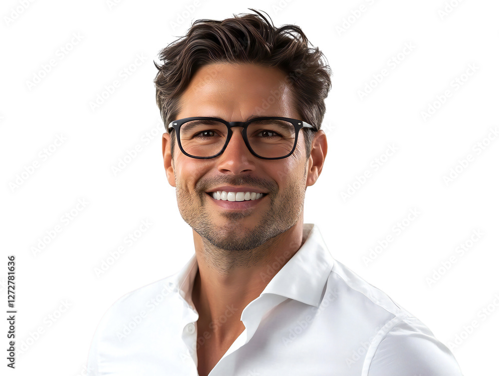 Smiling handsome man with glasses in a white shirt, isolated on transparent background Smiling handsome man with glasses in a white shirt, isolated on transparent background