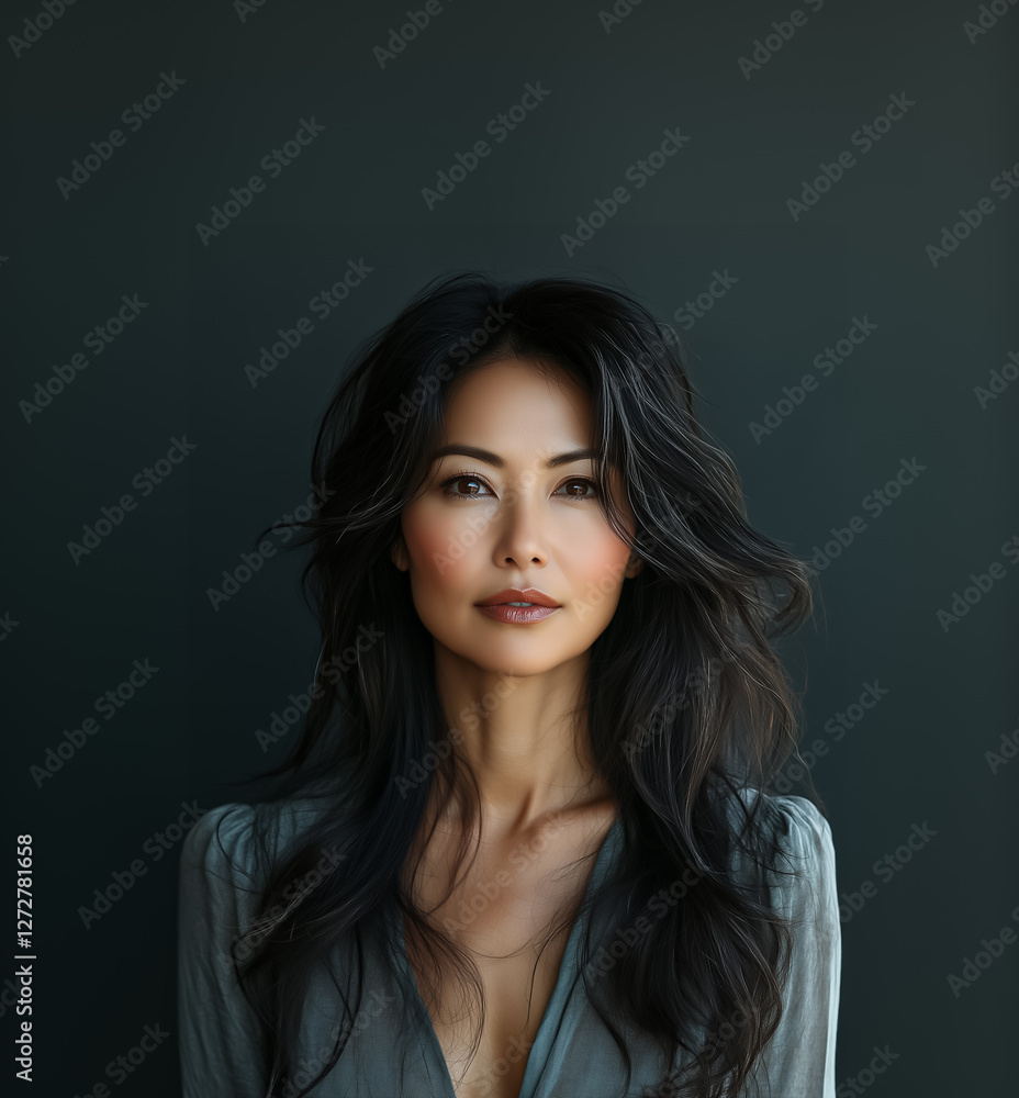 A portrait of a confident woman with long, dark hair against a simple background. A portrait of a confident woman with long, dark hair against a simple background.