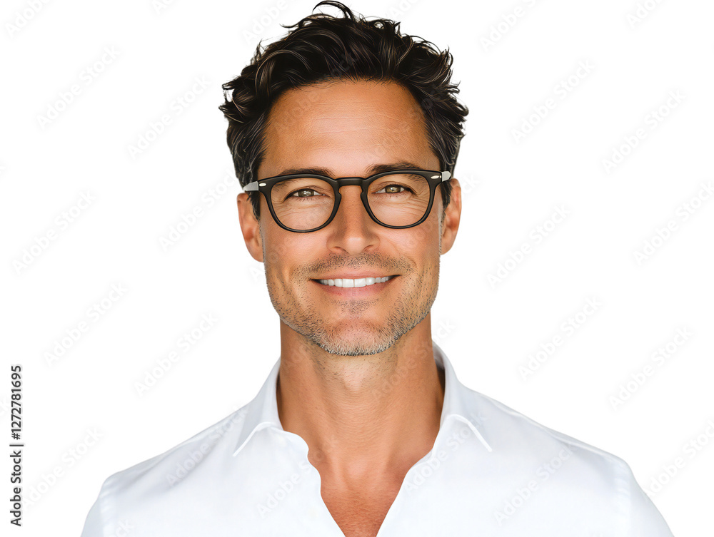Smiling handsome man with glasses in a white shirt, isolated on transparent background Smiling handsome man with glasses in a white shirt, isolated on transparent background