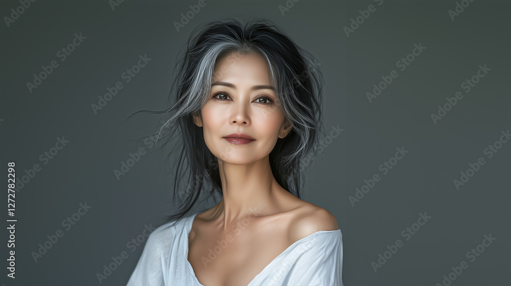 A portrait of a confident woman with gray hair and a serene expression against a gray background. A portrait of a confident woman with gray hair and a serene expression against a gray background.