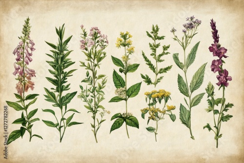 Vintage Botanical Illustration of Various Wildflower Species