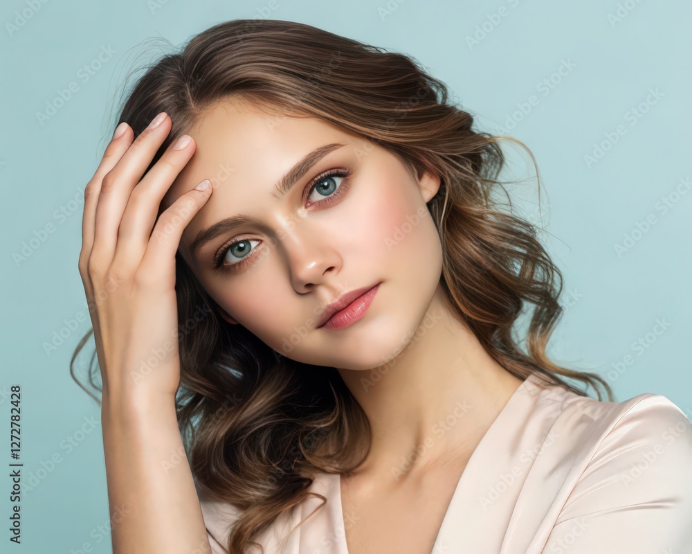 a young woman poses with a thoughtful expression, touching her forehead gently. She looks directly at the viewer, exuding an air of calm beauty. a young woman poses with a thoughtful expression, touching her forehead gently. She looks directly at the viewer, exuding an air of calm beauty.