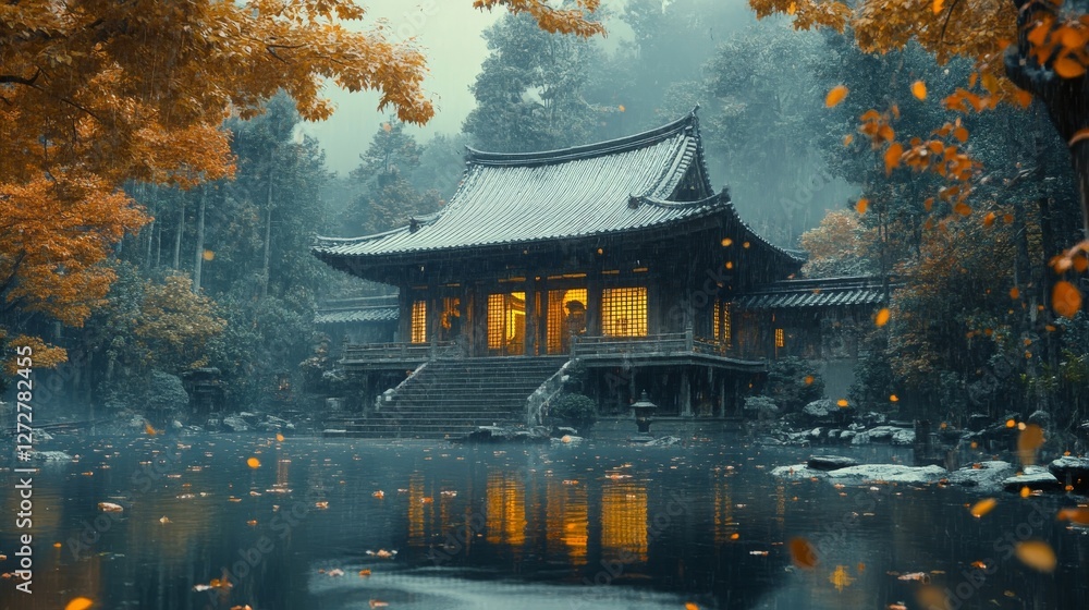 Obraz premium serene Zen temple surrounded by autumn leaves, Generative AI