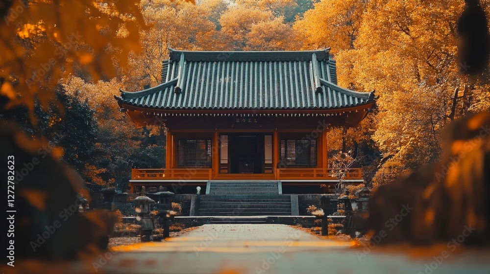Fototapeta premium serene Zen temple surrounded by autumn leaves, Generative AI