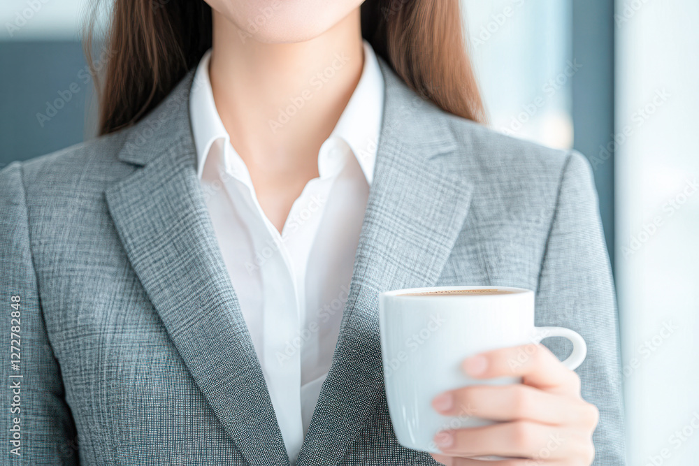Coffee break businesswoman in office professional portrait focused environment Coffee break businesswoman in office professional portrait focused environment