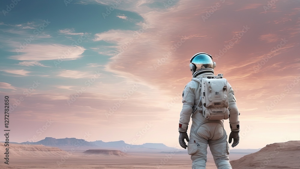 Fototapeta premium Spaceman riding a horse in outer space neon style