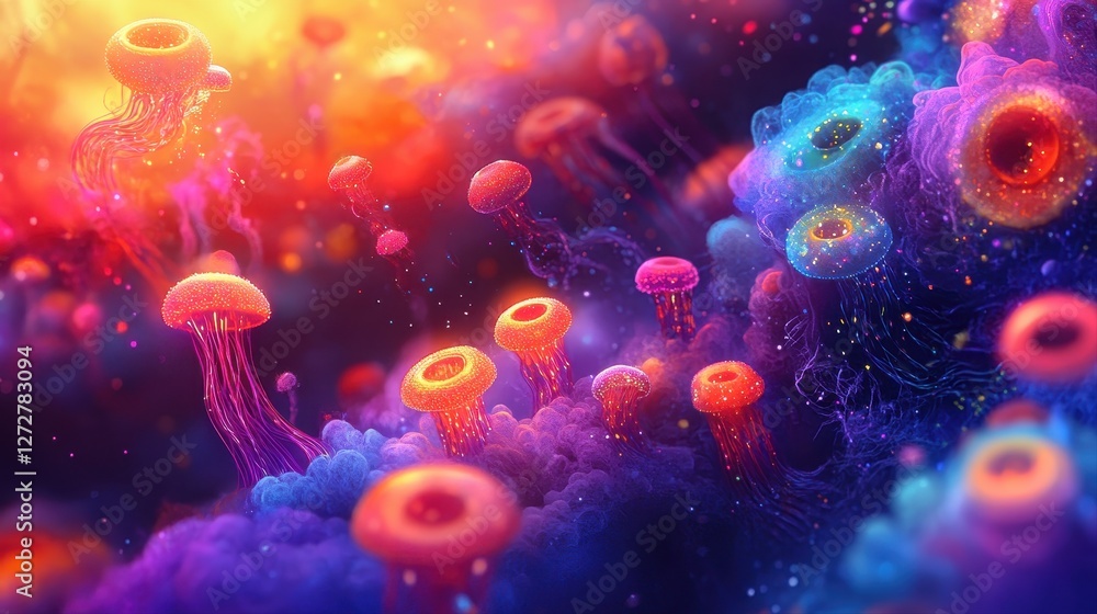 Obraz premium Colorful jellyfish wallpaper with vibrant neon gradient background and cyber-inspired design elements