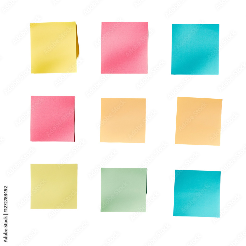 Colorful sticky notes arranged in a grid on black background Colorful sticky notes arranged in a grid on black background