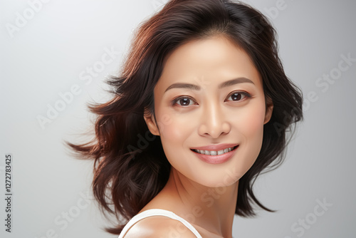 Smiling woman with flowing hair, exuding confidence and positivity in a studio setting.