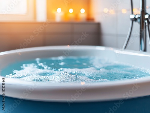 Relaxing bubble bath in a cozy bathroom with candles glowing in the background