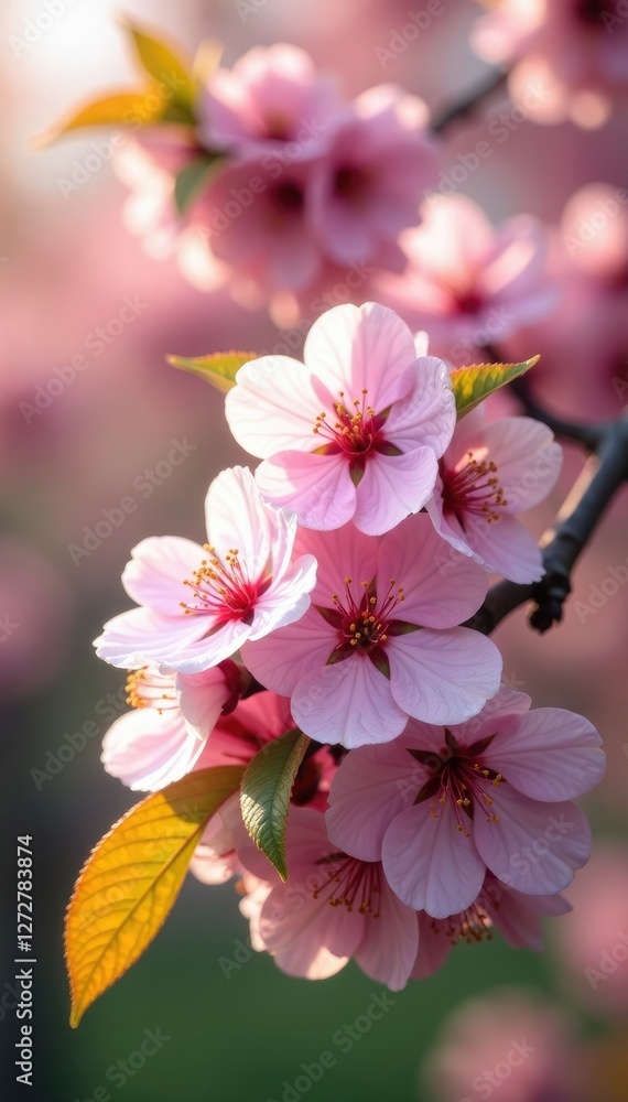Fototapeta premium Pink cherry blossoms with some green leaves surrounding them, trees, pink cherry blossoms