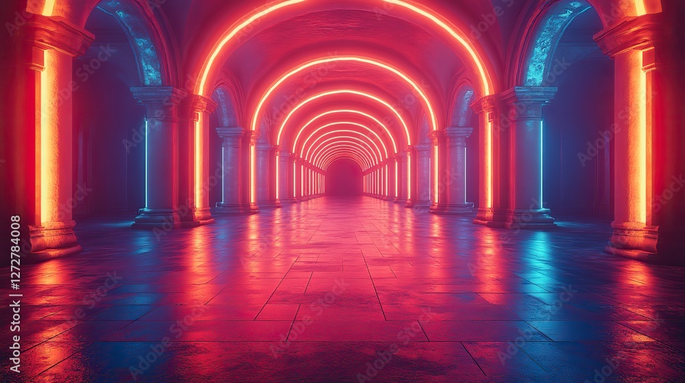 Obraz premium 3d render of abstract neon background with glowing lines,floor reflection in dark room