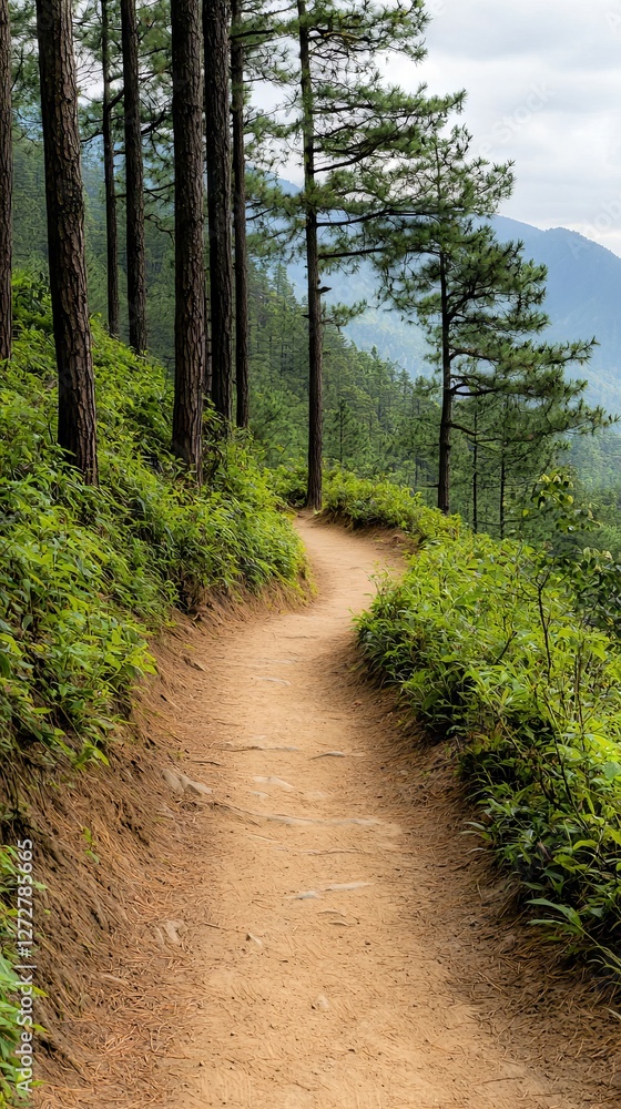 Fototapeta premium Scenic winding path through lush green forest with distant mountains and clouds