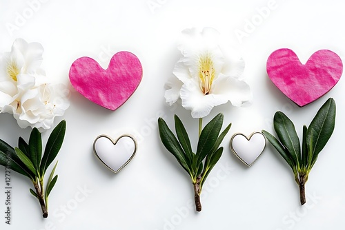 Bold Women's Day banner with bold heart icons and bold white azaleas on a striking white background.