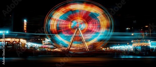 lively carnival at night with vibrant lights and colorful attractions, Generative AI