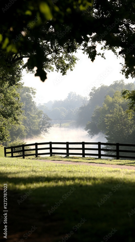 Serene countryside landscape with a wooden fence and misty river in background Serene countryside landscape with a wooden fence and misty river in background