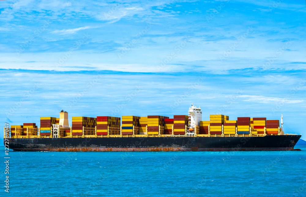 Obraz premium Aerial view of the freight shipping transport system cargo ship container. international transportation Export-import business, logistics, transportation industry concepts 