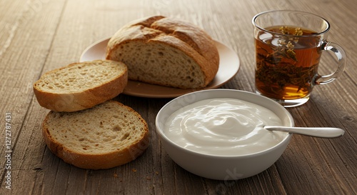 Healthy Breakfast with Yogurt, Fresh Bread, and Herbal Tea on Wood