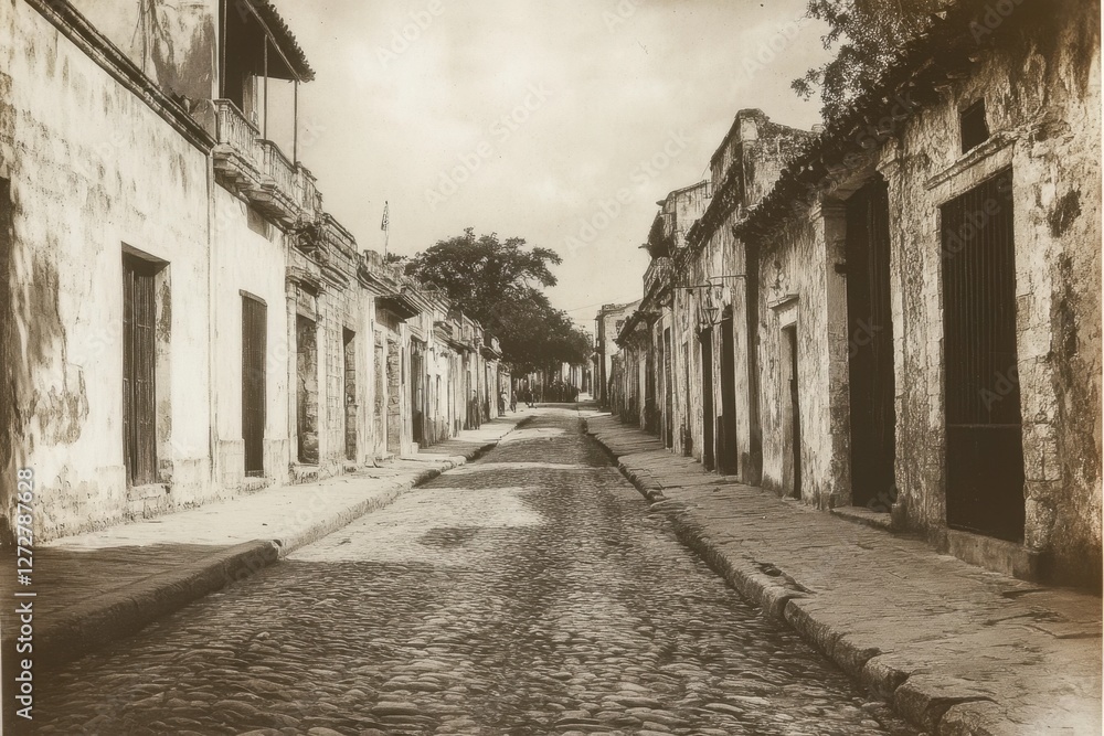 Historic Cobblestone Street in Abandoned Urban Setting Black and White Historic Cobblestone Street in Abandoned Urban Setting Black and White