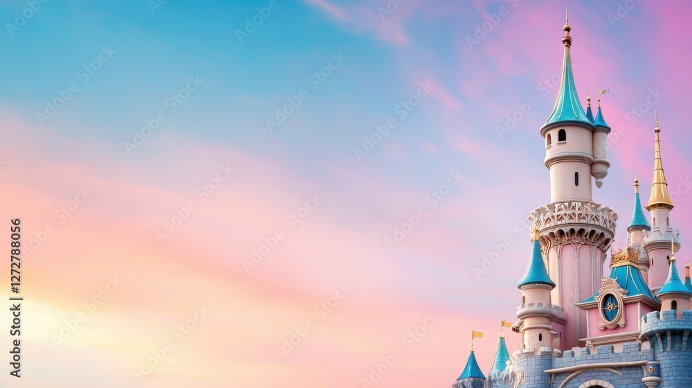 Naklejka premium Enchanting Fantasy Castle with Ornate Towers at Colorful Sunset Skyline