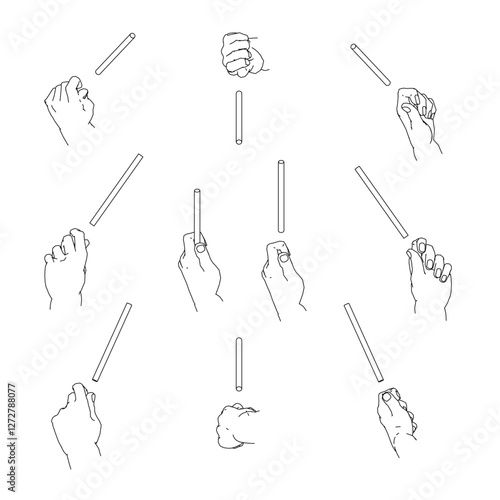 細い棒を持つ手のセット　白黒のベクターイラスト。