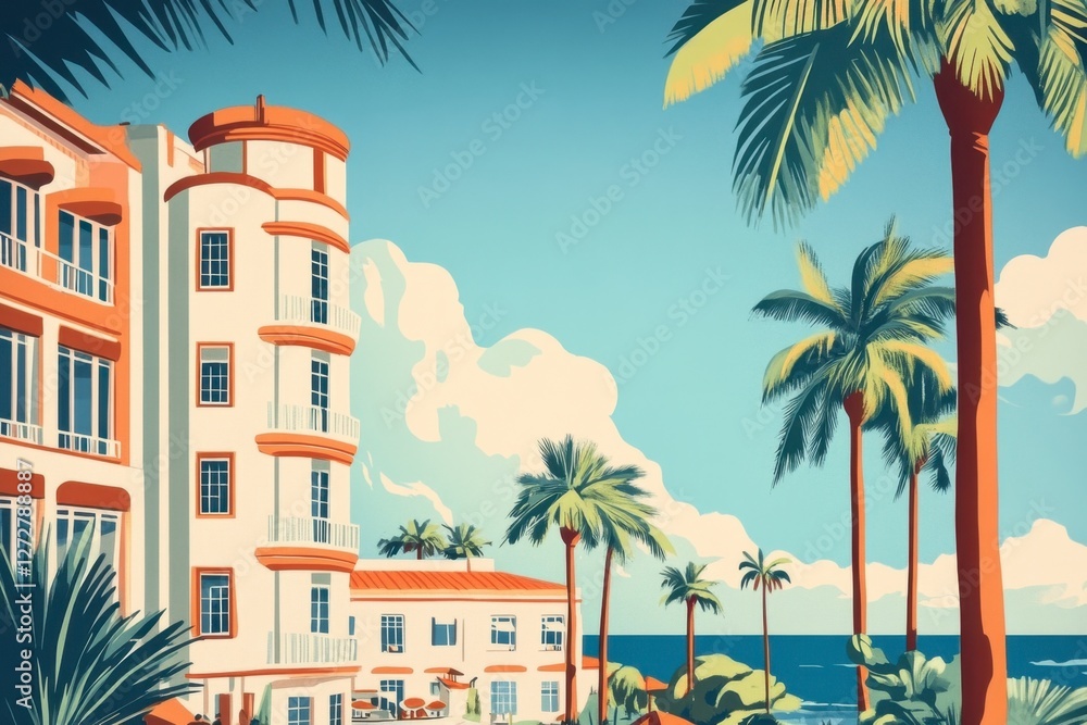 Fototapeta premium Tropical Paradise with Vintage Architecture and Palm Trees by Ocean
