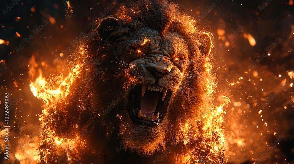 Naklejka premium a very fierce lion jumping up,down roaring strong sense of camera chains background flames red,yellow tones realistic full body shot 8k superb detail wallpaper