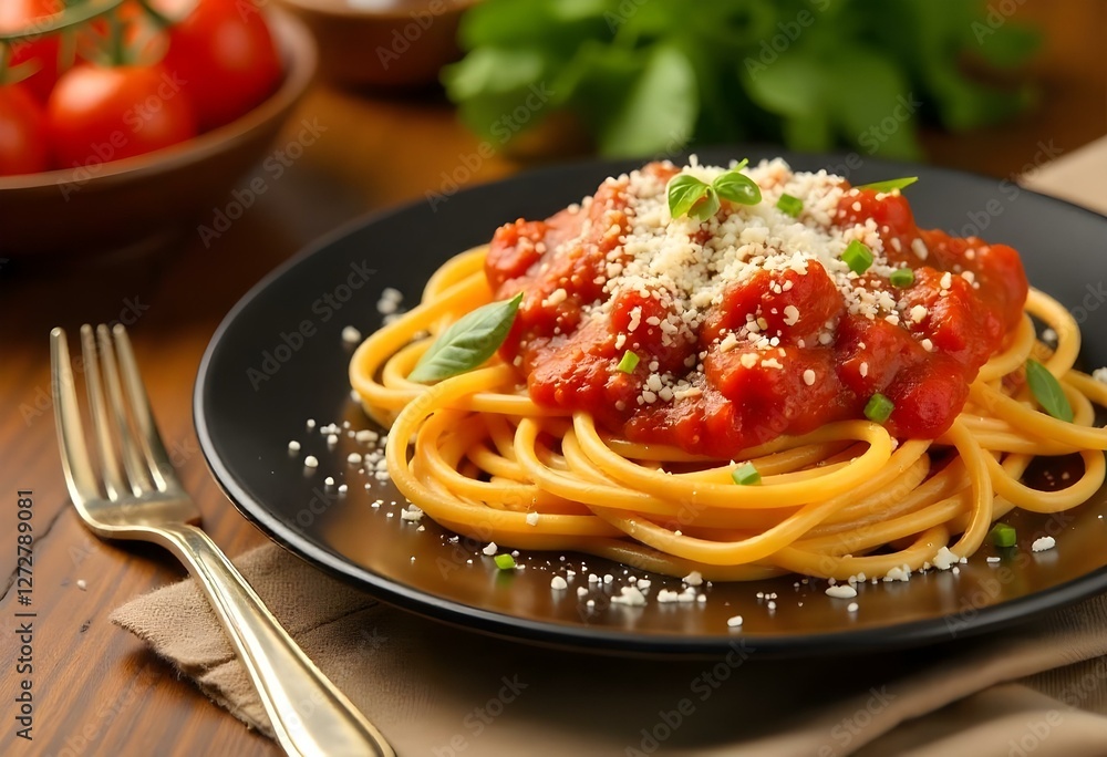 Spaghetti with tomato sauce and grated cheese on a black plate, wooden table Spaghetti with tomato sauce and grated cheese on a black plate, wooden table