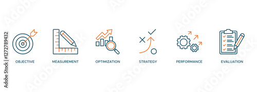 KPI web banner icon vector illustration concept for key performance indicator in the business metrics with objective, measurement, optimization, strategy, performance, and evaluation icon.