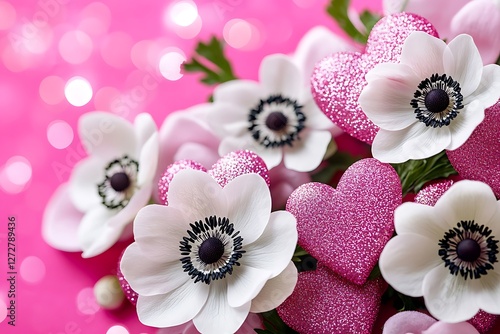 Bold Women's Day design with pink glitter hearts and white anemones on a fuchsia background.