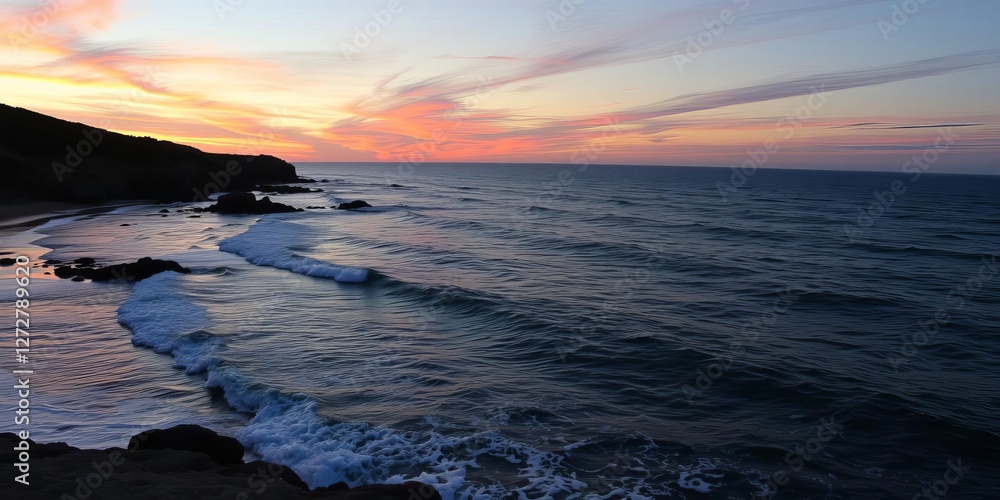 Close up view of waves crashing against the sea coast during a colorful sunset, coast, outdoors, colorful Close up view of waves crashing against the sea coast during a colorful sunset, coast, outdoors, colorful