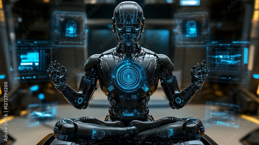 Futuristic robot meditating in lotus pose with holographic displays. Futuristic robot meditating in lotus pose with holographic displays.