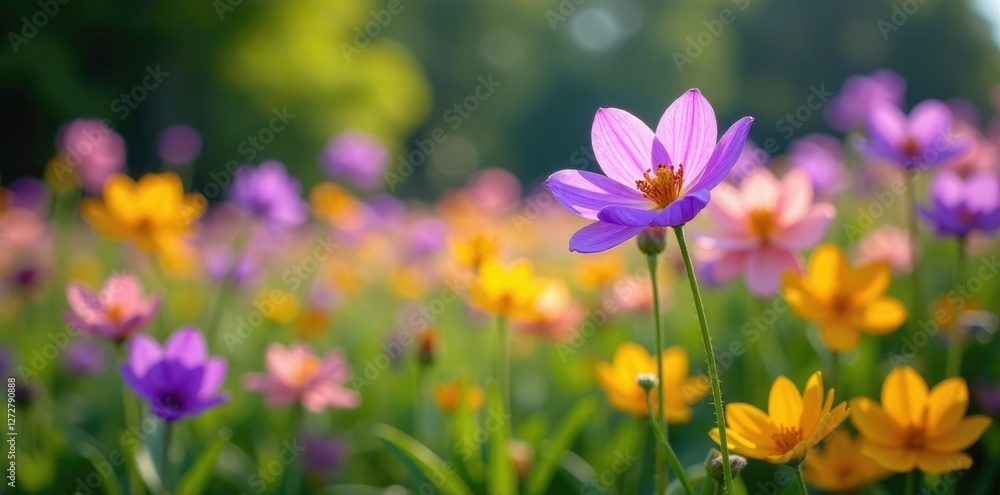 Fototapeta premium Purple and yellow flowers sway gently in the wind, gentle breeze, nature photography, colorful garden