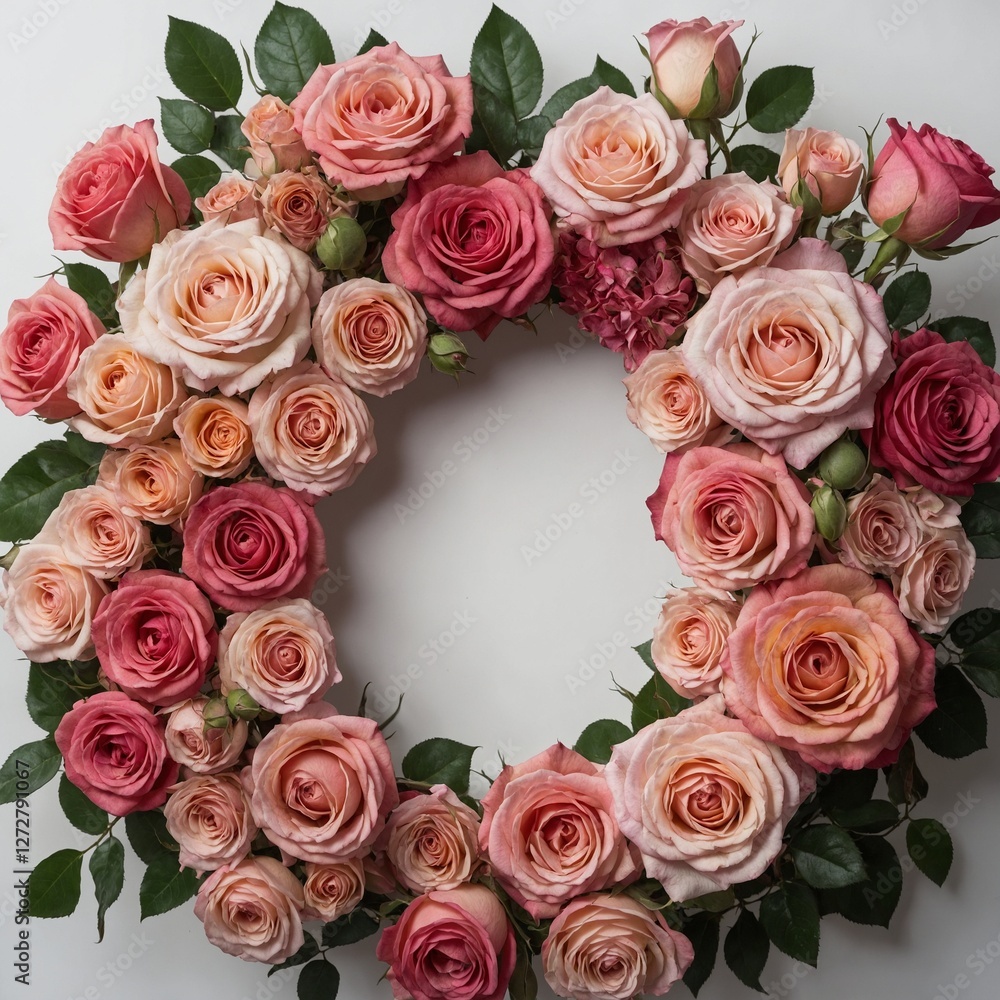A rose wreath made of different shades of pink, displayed on a white background.
A rose wreath made of different shades of pink, displayed on a white background.