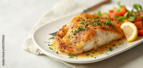 Baked Red Snapper with Herbs and Lemon Sauce on a White Plate