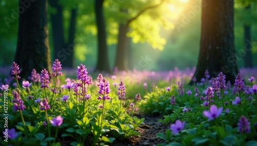 Purple flowers and foliage in a serene forest glade with dappled sunlight, landscape, forest glade