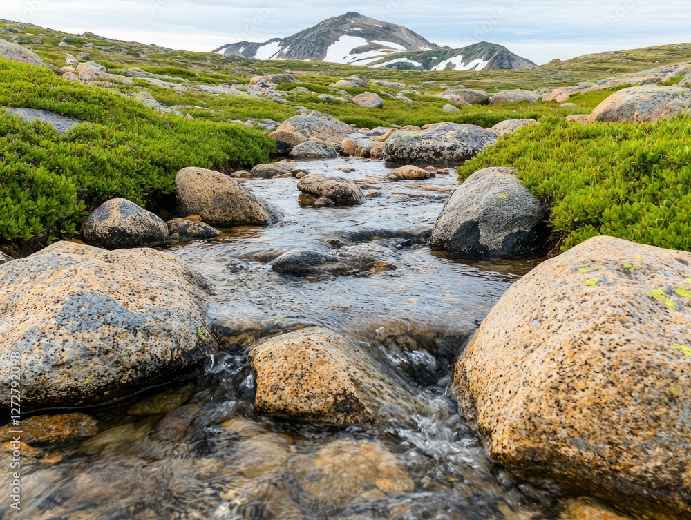 Serene mountain stream flowing over smooth stones in a lush green landscape