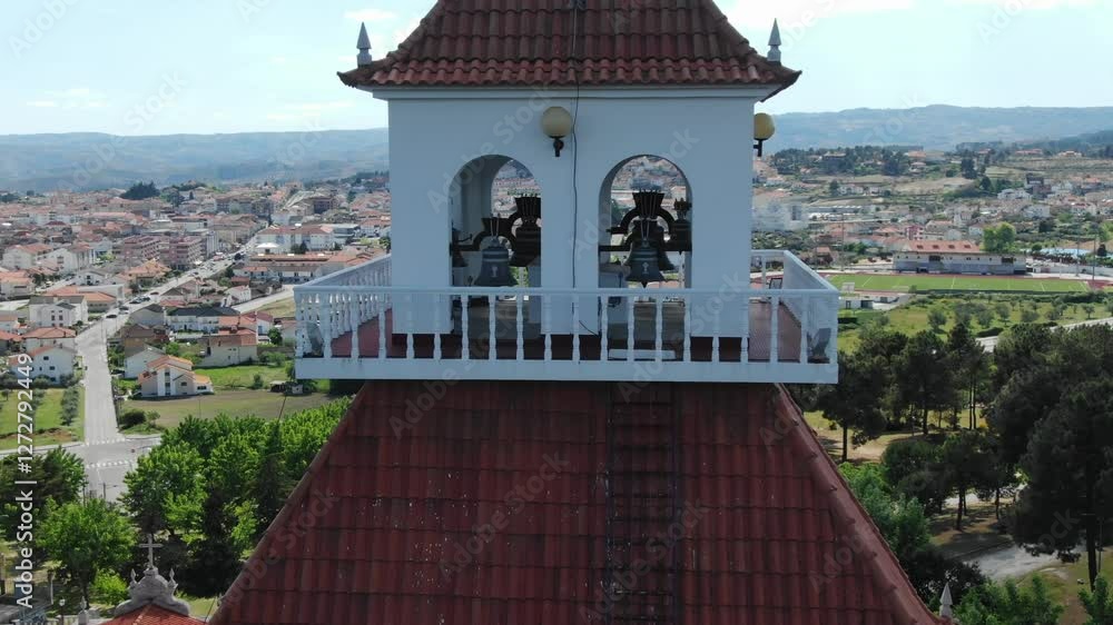 Bell tower of Sanctuary of Nossa Senhora da Saude, shrine Our Lady of Health, Valpacos in Portugal. Aerial backward, Vertigo effect, Dolly zoom