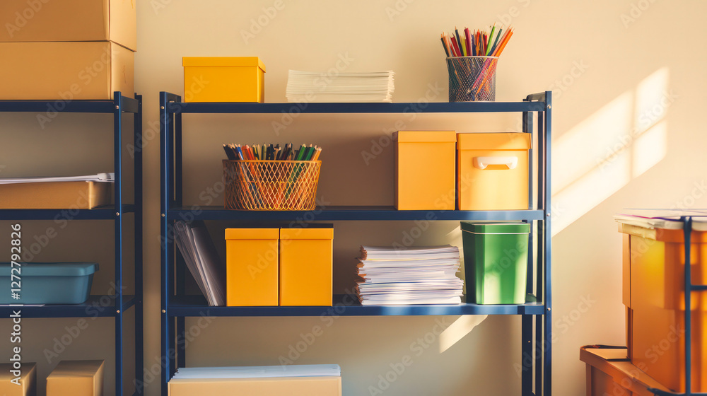 blue shelf with cardboard boxes and office supplies. blue shelf with cardboard boxes and office supplies.