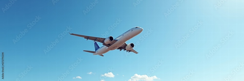 A modern airplane soaring through a clear blue sky, symbolizing travel, adventure, and global connectivity. A modern airplane soaring through a clear blue sky, symbolizing travel, adventure, and global connectivity.