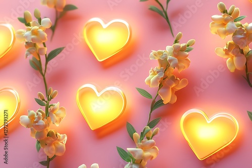 Captivating Women's Day banner with glowing hearts and photorealistic snapdragons on a radiant pink surface.