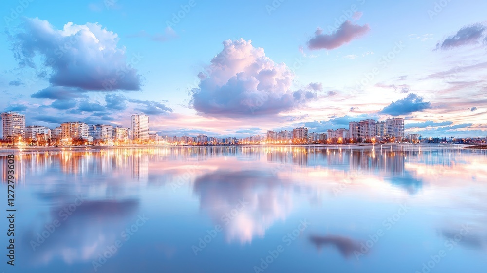 Fototapeta premium Cityscape sunset reflection, calm lake, buildings, peaceful evening, urban landscape
