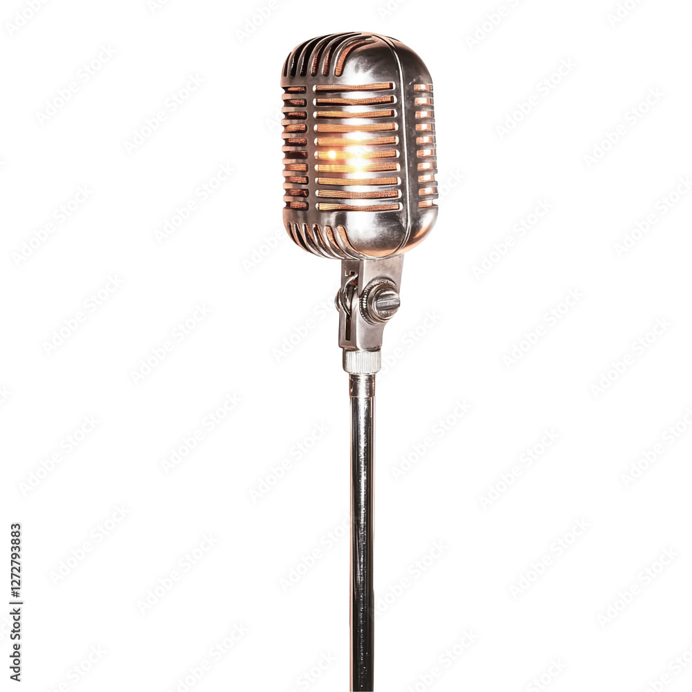 Obraz premium Vintage Microphone on Stand Glowing Light Retro Music Studio