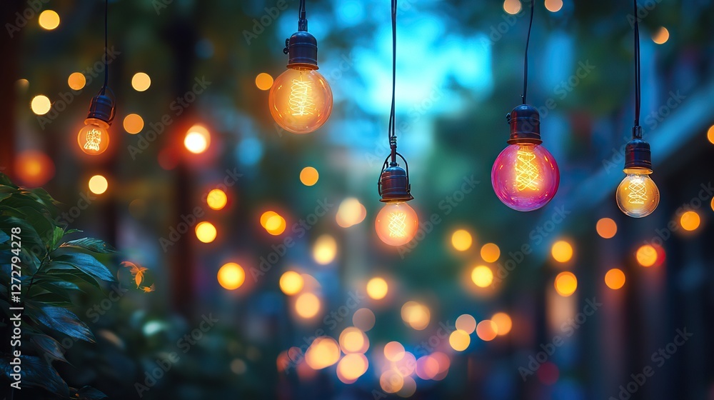 abstract blurry blue background with decorative bokeh lights capturing an outdoor festival celebration abstract blurry blue background with decorative bokeh lights capturing an outdoor festival celebration