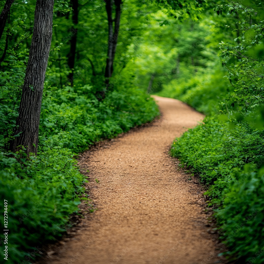 Serene winding path through lush green forest inviting peaceful nature walk Serene winding path through lush green forest inviting peaceful nature walk