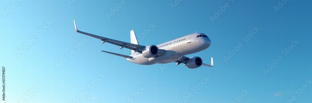 Obraz premium A sleek commercial airplane soaring through a clear blue sky, symbolizing travel, adventure, and the aviation industry. Ideal for business and tourism themes.