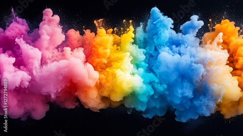 Vibrant rainbow ink explosion on black background.