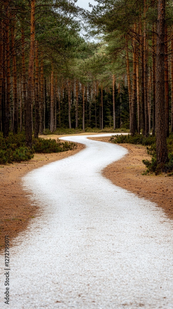 Fototapeta premium Serpentine Pathway Through Lush Pine Forest Inviting Tranquil Exploration